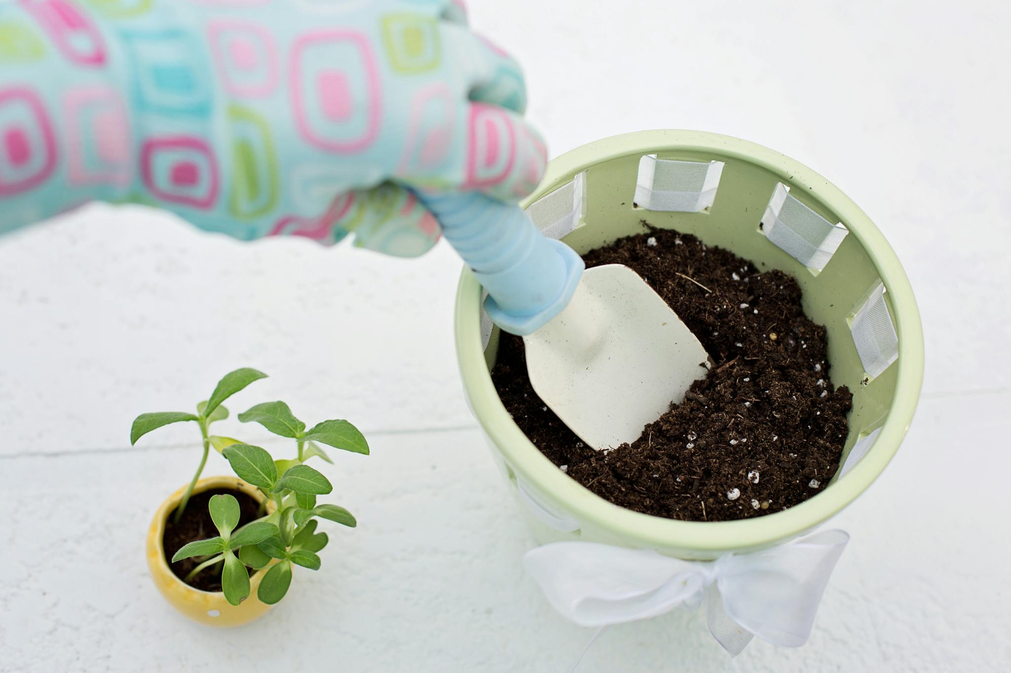 A gloved hand using a trowel to plant seedlings in a potting project.